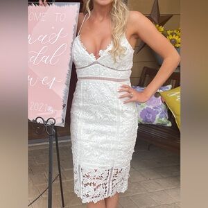 Bardot bridal cutout lace midi dress